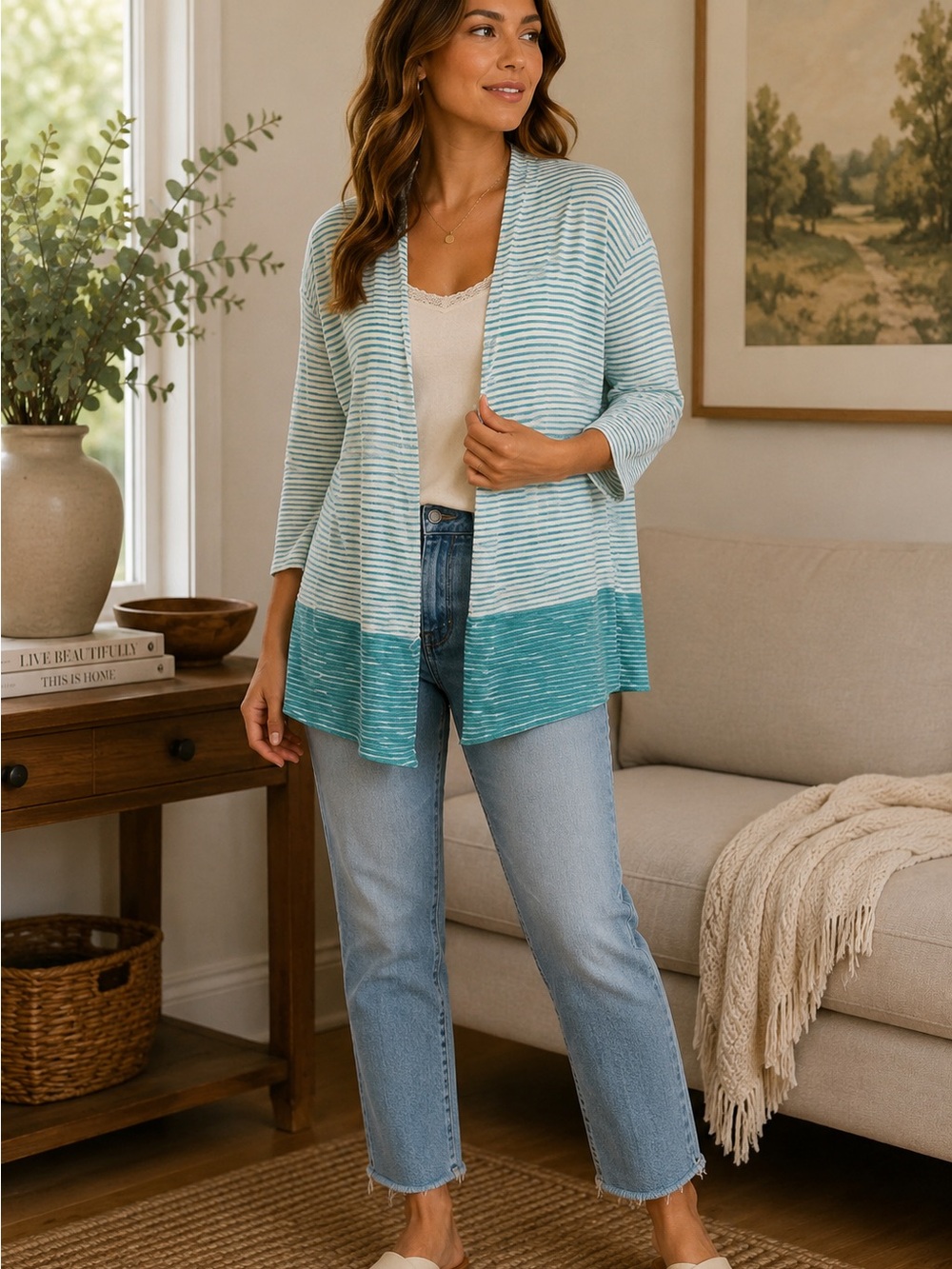 Chicos Womens Striped Open Front Cardigan 100% Cotton Blue White Size M